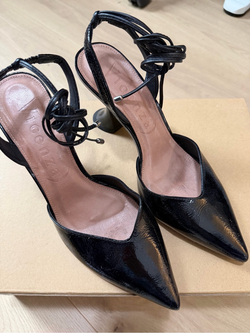 Vicenza Black Patent Pointed Toe Ankle Tie Heels